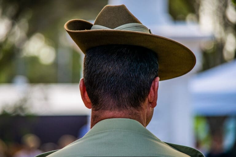 Close-up of Australian Army soldier wearing khaki Slouch Hat uniform during ANZAC Day remembrance service in Cooroy, Queensland (Australia)